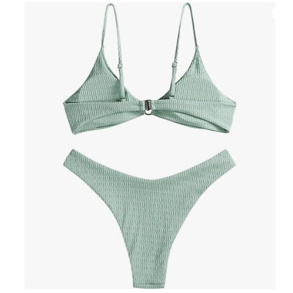 Mint Green MEDIUM Women's Ribbed O-Ring Bikini Two Piece Swimsuit - Picture 2 of 2